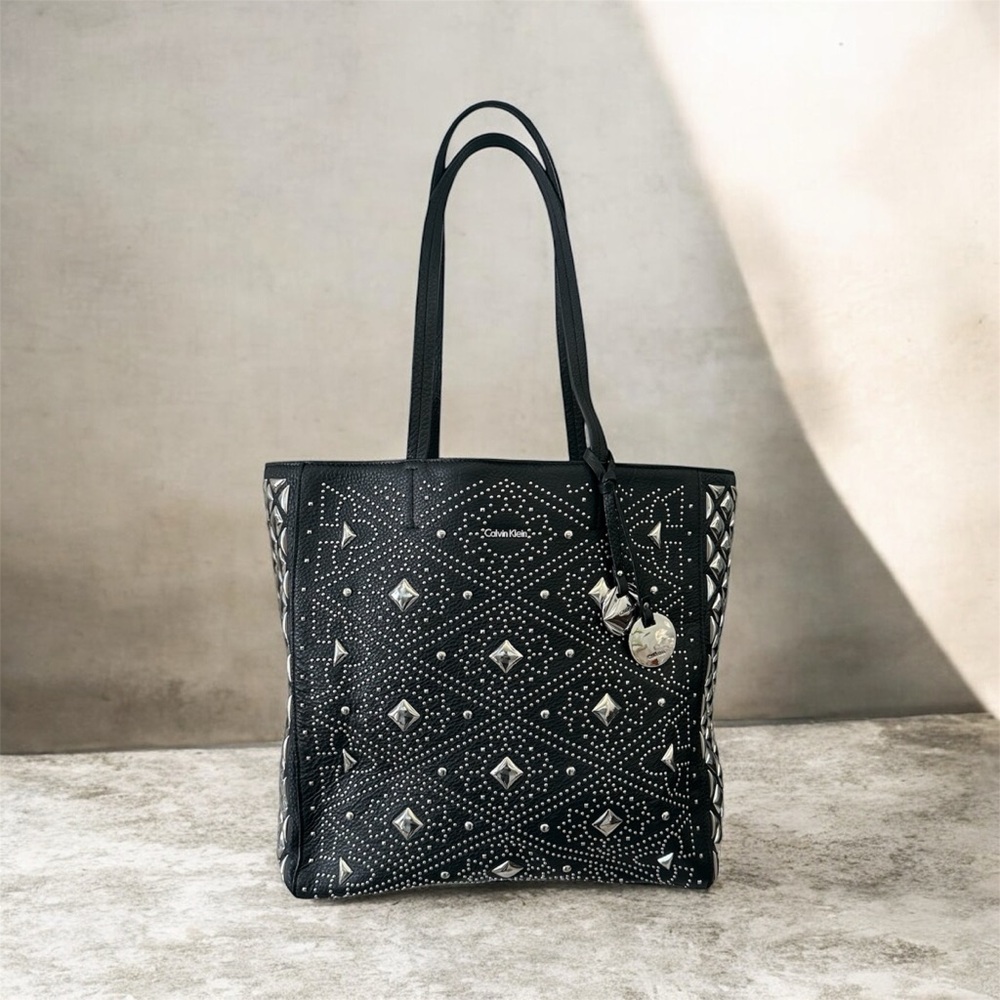 $498 Calvin Klein Black Leather Silver Stud Bag North South Avery Pebble Tote